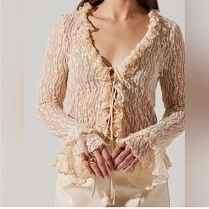 ASTR The Label Ruffle Sheer Tie Front Top